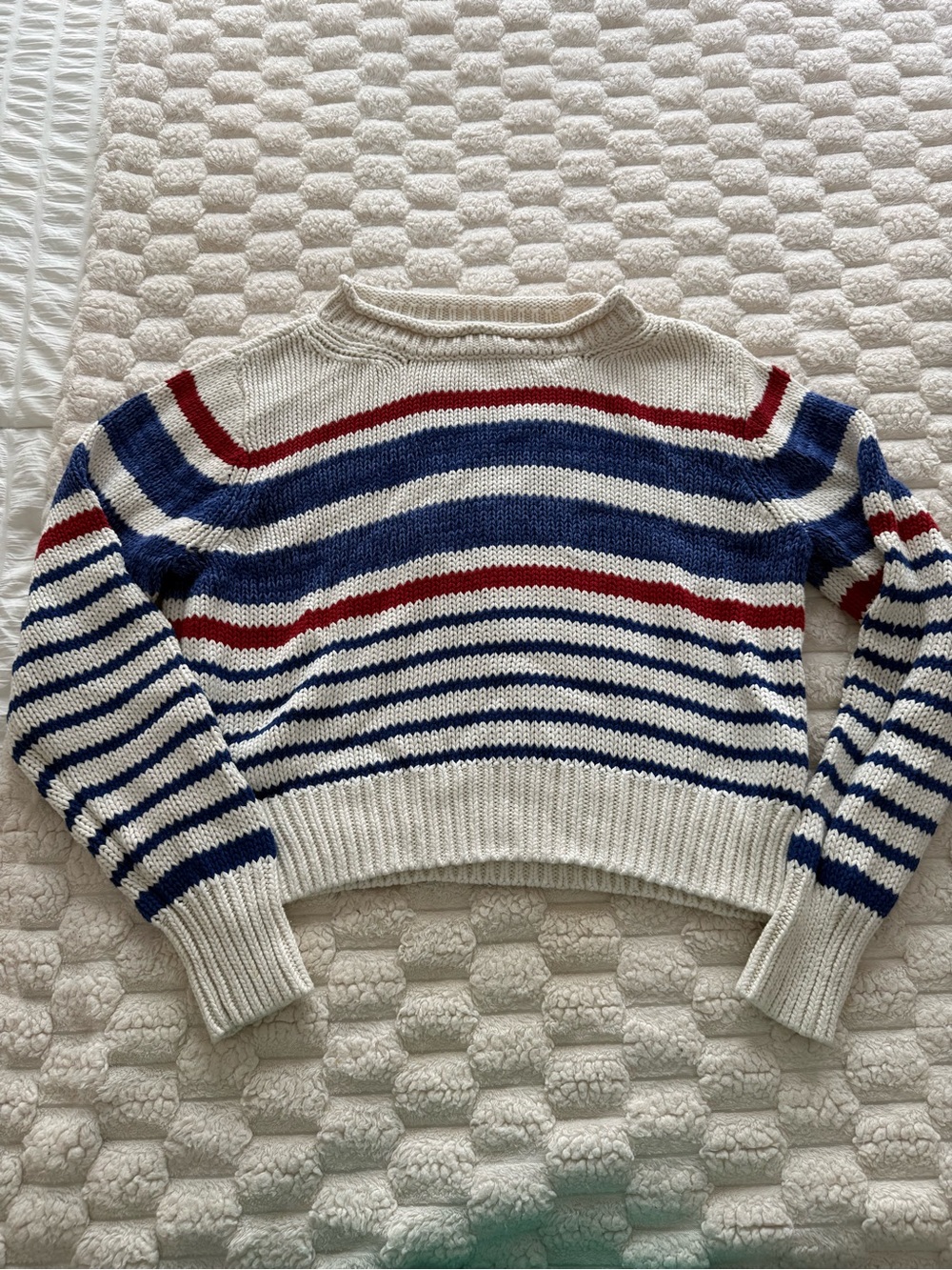 Nautica Boatneck Striped Sweater in Cream, Blue & Red
